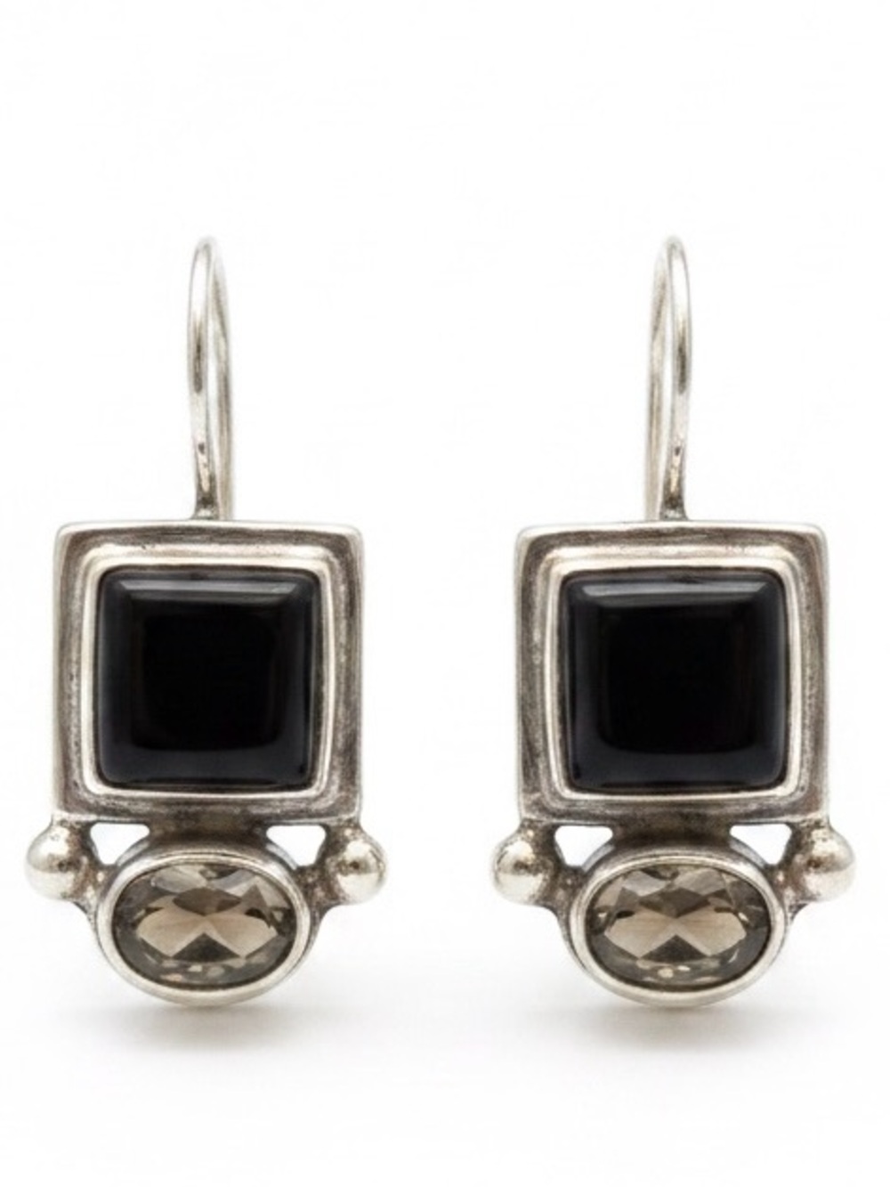 Sterling Black Onyx and Smoky Quartz Drop Earrings -Marked India 925